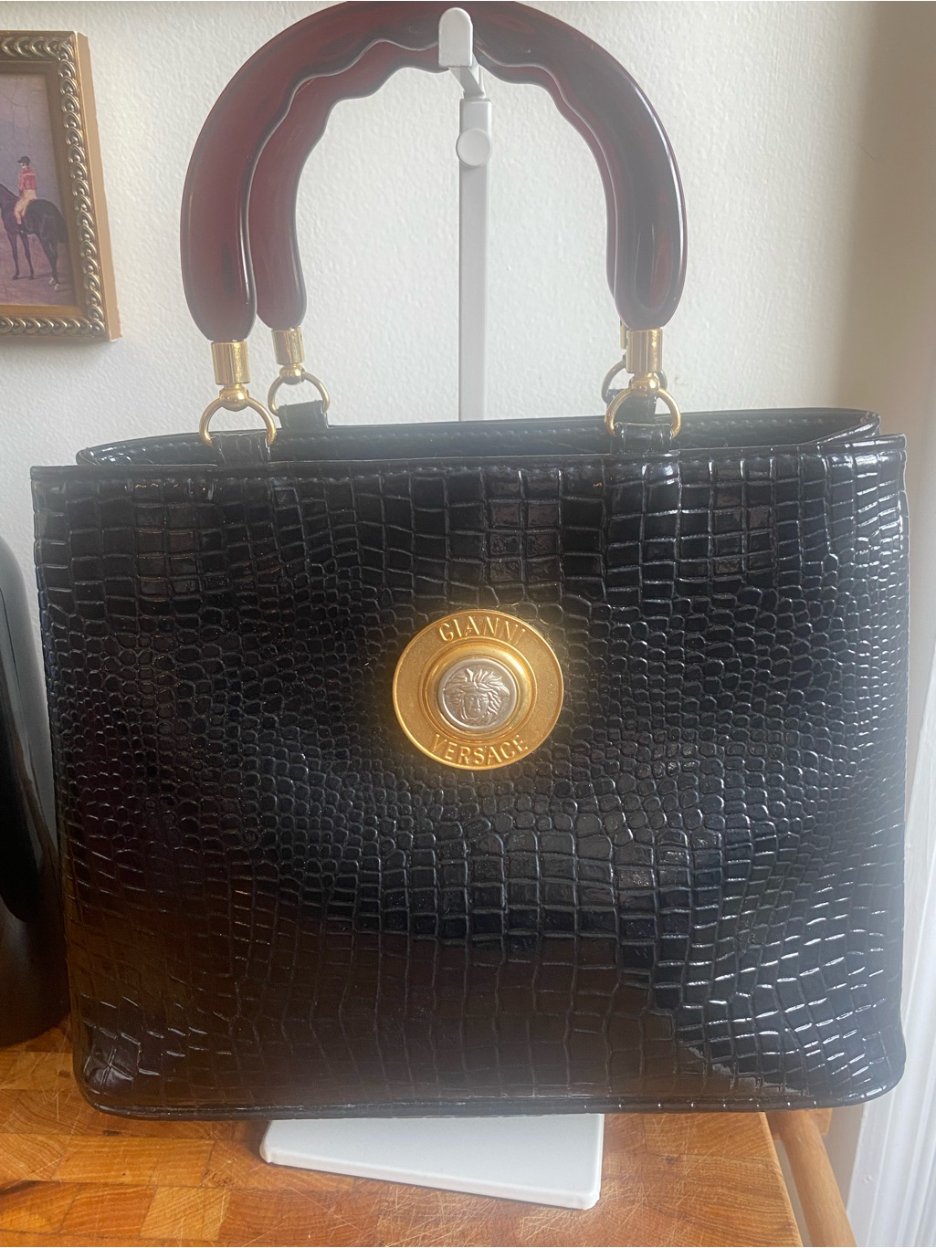Gianni Versace Vintage Black Croc-Embossed Satchel With Gold Medusa Emblem